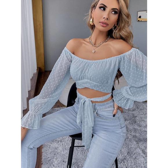 Swiss Dot Tie Front Crop Top long sleeve blouse boho white - Picture 7 of 11